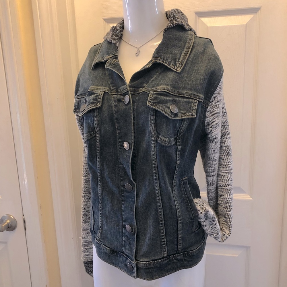 Hooded Denim Jacket with Fabric sleeves